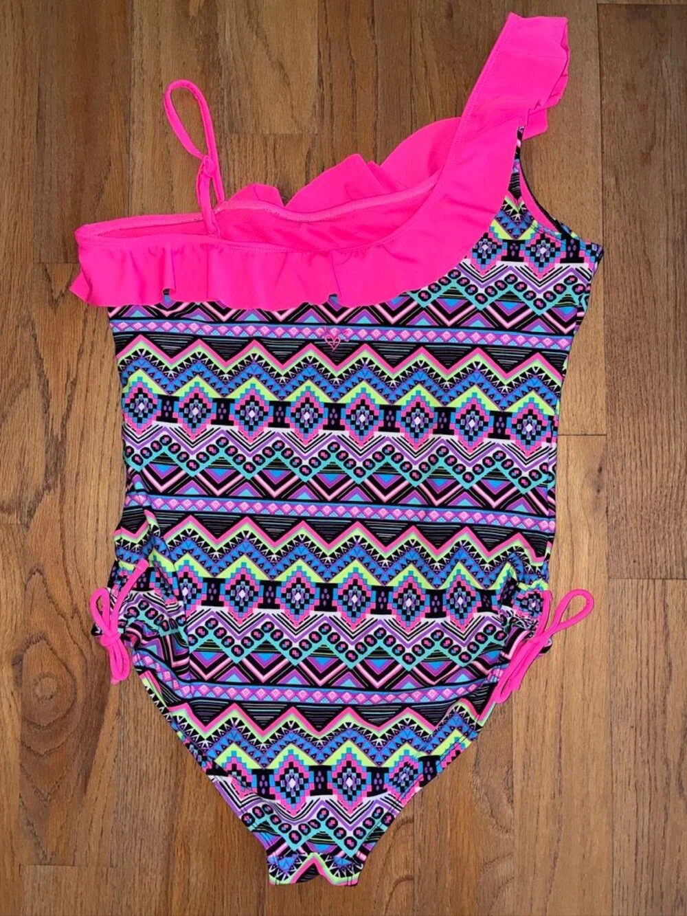 Justice Girls One Shoulder Neon Geometric Ruffle Swimsuit 18 Plus